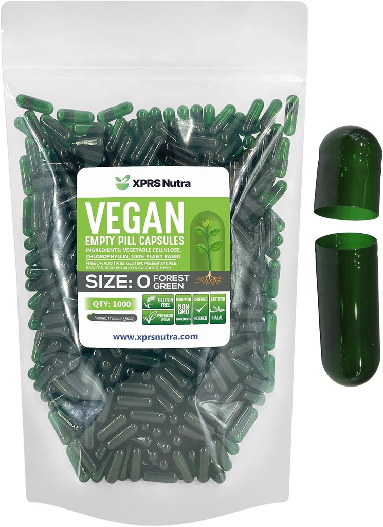 XPRS Nutra Størrelse 0 Tomme kapsler - 1000 Tomme Veganske kapsler - Vegetariske piller til det selv Vegetabilske Kapselfyld - Veggie Pill Caps (Forest Green)