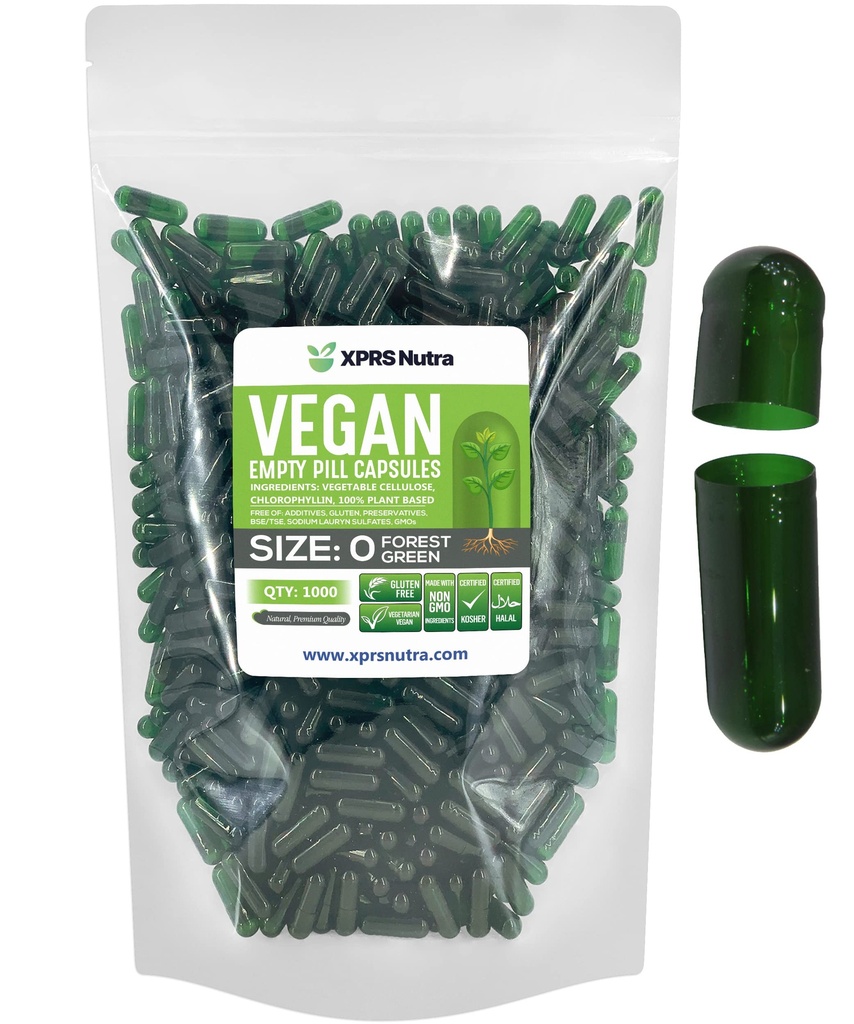 XPRS Nutra Størrelse 0 Tomme kapsler - 1000 Tomme Veganske kapsler - Vegetariske piller til det selv Vegetabilske Kapselfyld - Veggie Pill Caps (Forest Green)