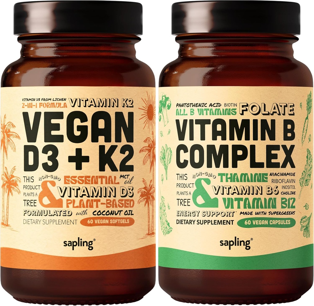 Sapling Vegan Vitamin D3 + K2 & Vitamin B Complex Bundle - 4000 IE Vitamin D3 og 100mcg Vitamin K2 som Mk7, Essential B Vitaminer med hel fødevareblend, B1, B2, B3, B5, B6, B7, Folate