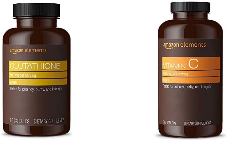 Elementer Glutathion, 500mg, 60 kapsler, 2 måneders forsyning & vitamin C 1000mg, Vegan, 300 tabletter, 10 måneders forsyning