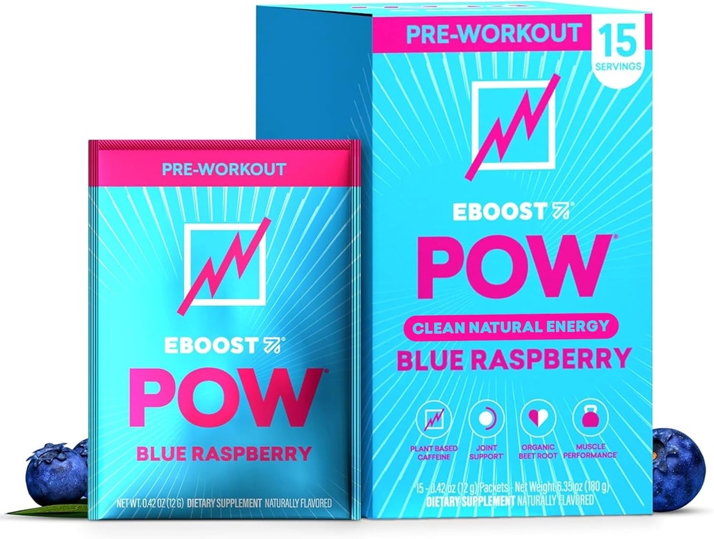 EBOOST POW Natural Pre Workout Powder - 15 Packets, Blue Raspberry - Preworkout Energy Booster Gym Supplement Drink Mix for Men and Women - Performance, Joint Mobility Support - Gluten-Free