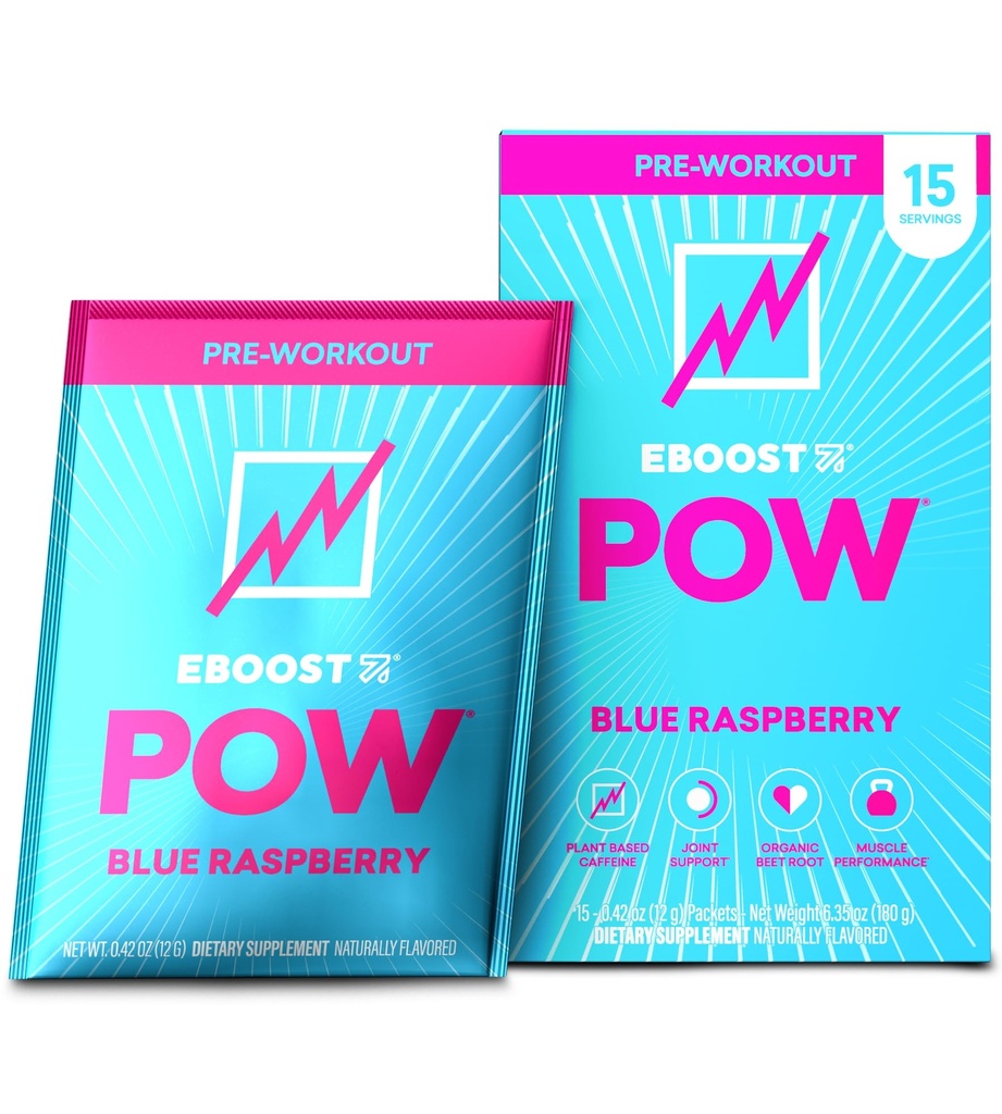 EBOOST POW Natural Pre Workout Powder - 15 Pakker, Blå Hindbær - Preworkout Energy Booster Gym tillæg drikke mix for mænd og kvinder - ydeevne, fælles mobilitetsstøtte - Gluten- fri
