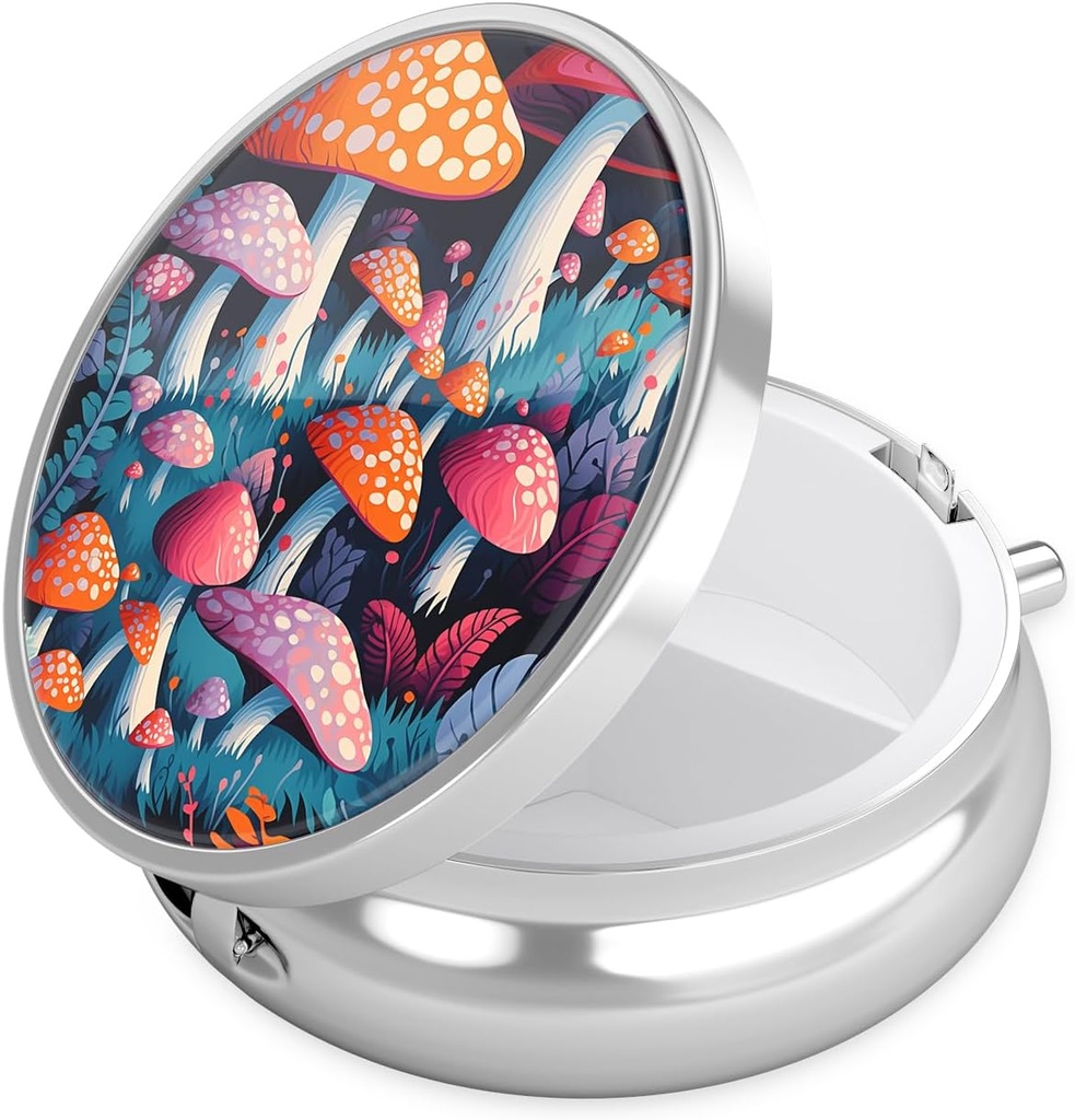 Nipichsha Pill Box, Small Pill Case for Purse & Pocket, Cute Travel Medicine Organizer, Portable Medicine Container Holder to Hold Vitamins, Medication, Fish Oil & Supplement, Pretty Mushroom