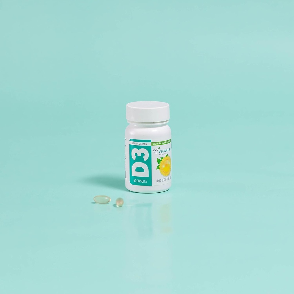 Vegansk Life Nutrition - D3- vitamin daglige kapsler til voksne (1000 IE) - Gluten- fri, ikke- GMO, understøtter bone sundhed og immunsystem - 60 kapsler