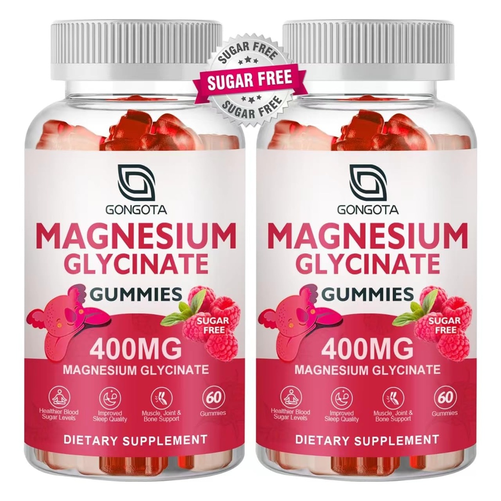 Magnesium Glycinat Gummies 400 mg med 100 mg Composite magnesium - Chelated Magnesium Kalium Supplement med D-vitamin, B6 understøtter ro, søvn, hukommelse og muskelkramper, sukkerfri - 120 Gummies
