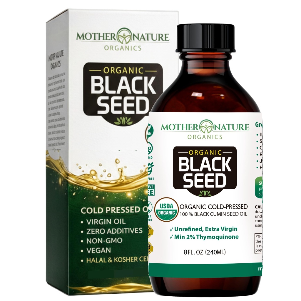 Moder Natur USDA Organic Black Seed Oil, High TQ 2%, Cold Pressed, Uraffineret Nigella Sativa, Omega 3 6 9 for immunforsvar, Joint & Heart Support, Hår & Hud, Non- GMO, glasflaske (8oz)
