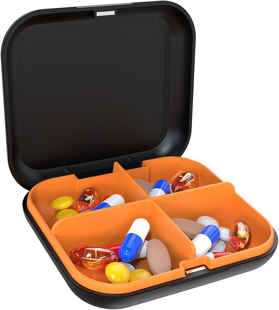 Pill Box Portable Pill Dispensing Box, Rejse Portable Pill Box, 4 -Segment Daily Portable Pill Organizer, Egnet til vitaminer, Medicin, Fish Oil (sort + orange)