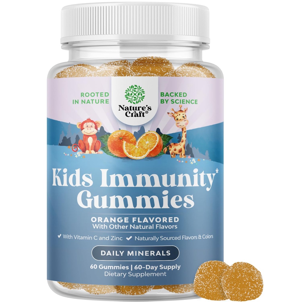 Kids Immunity Support Gummies - Lækker C-vitamin med zink og Echinacea Immunbooster Gummies til børn - Vegan Gluten Free and Gelatine Free Chewable Gummy Vitamin Supplement til børn