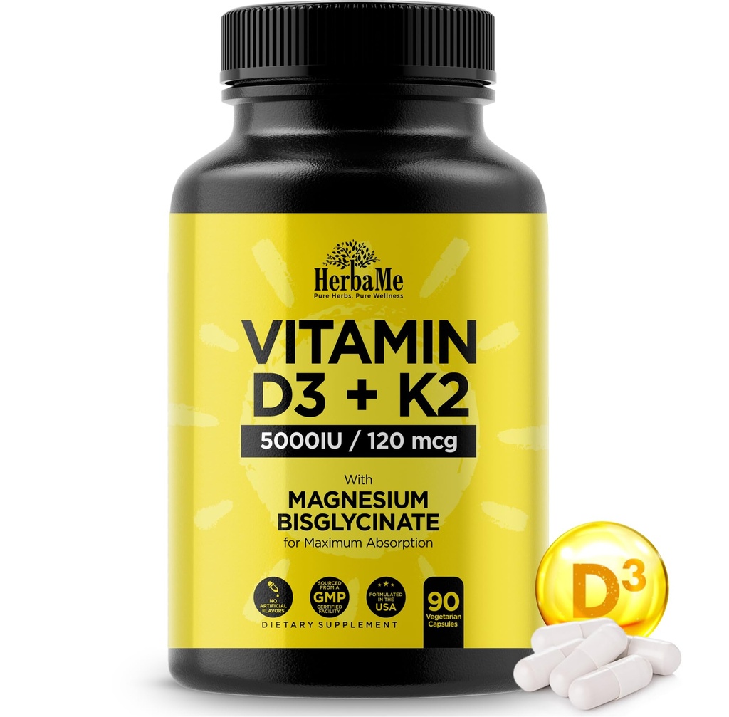D3- vitamin 5000 IE + K2 med Magnesiumbisglycinat til Max Absorption 124; 90 Kapsler 124; Immunstøtte 124; fremmer hjerte, ben og muskel sundhed