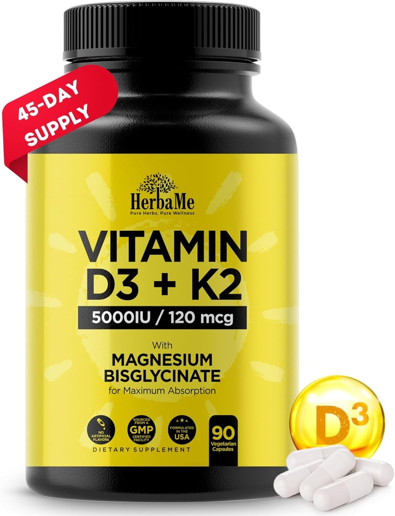 D3- vitamin 5000 IE + K2 med Magnesiumbisglycinat til Max Absorption 124; 90 Kapsler 124; Immunstøtte 124; fremmer hjerte, ben og muskel sundhed