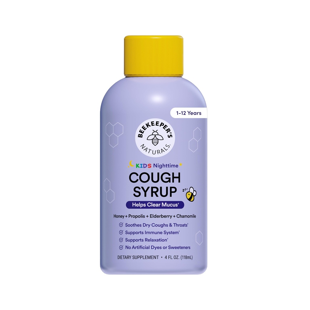 Biavlerens Naturals Propolis Honey Hough Syrup Nighttime for Kids Immunsupport med Propolis, Elderberry & Raw Honey - Sovestøtte med Kamille & L- Theanine - Gluten Free, 4 oz.