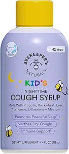 Biavlerens Naturals Propolis Honey Hough Syrup Nighttime for Kids Immunsupport med Propolis, Elderberry & Raw Honey - Sovestøtte med Kamille & L- Theanine - Gluten Free, 4 oz.