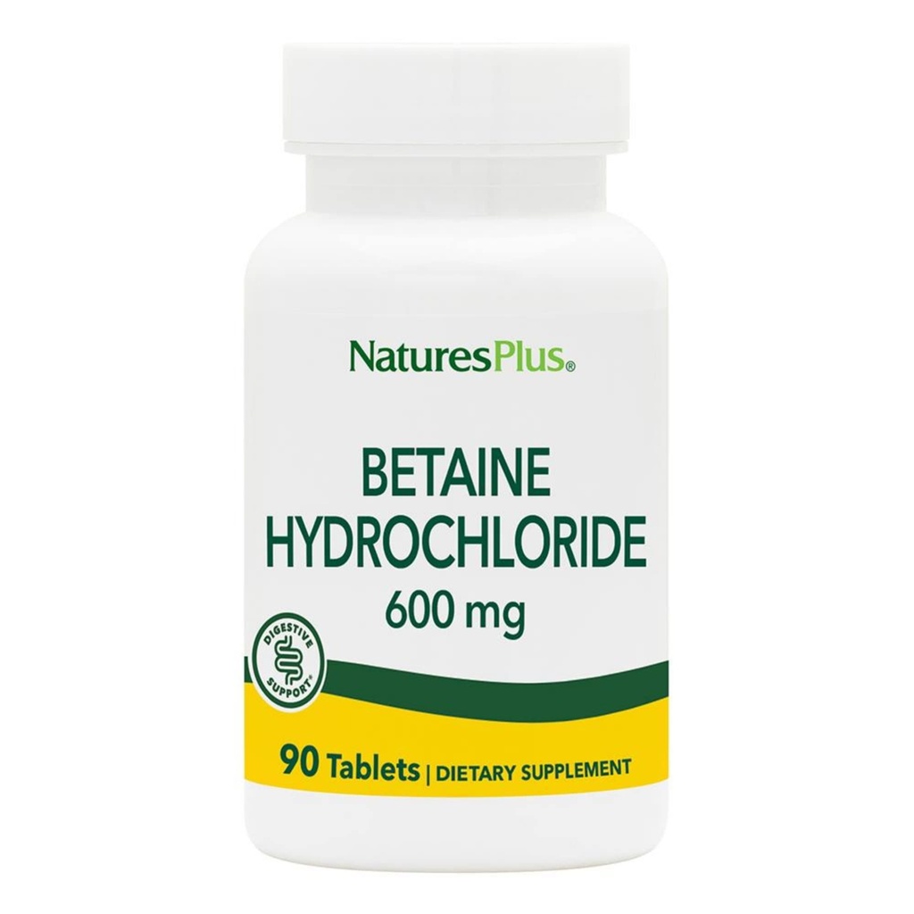 NaturePlus Betaine HCl (hydroklorid) - 600 mg, 90 tabletter - fordøjelsestilskud, lindrer symptomer på lejlighedsvis hjertebrand & fordøjelsesbesvær - Hypoallergen, Gluten- Free - 90 Serveringer