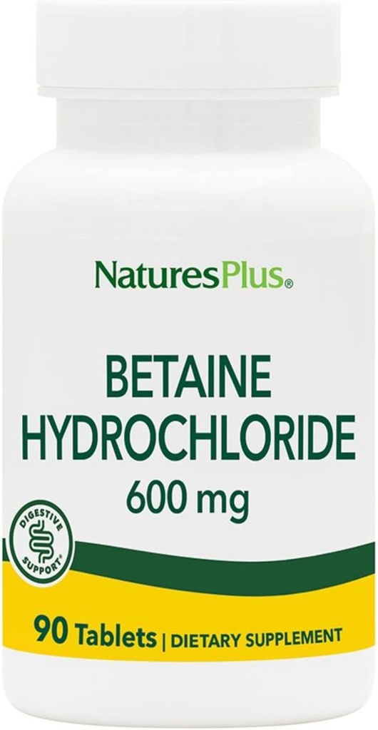 NaturePlus Betaine HCl (hydroklorid) - 600 mg, 90 tabletter - fordøjelsestilskud, lindrer symptomer på lejlighedsvis hjertebrand & fordøjelsesbesvær - Hypoallergen, Gluten- Free - 90 Serveringer