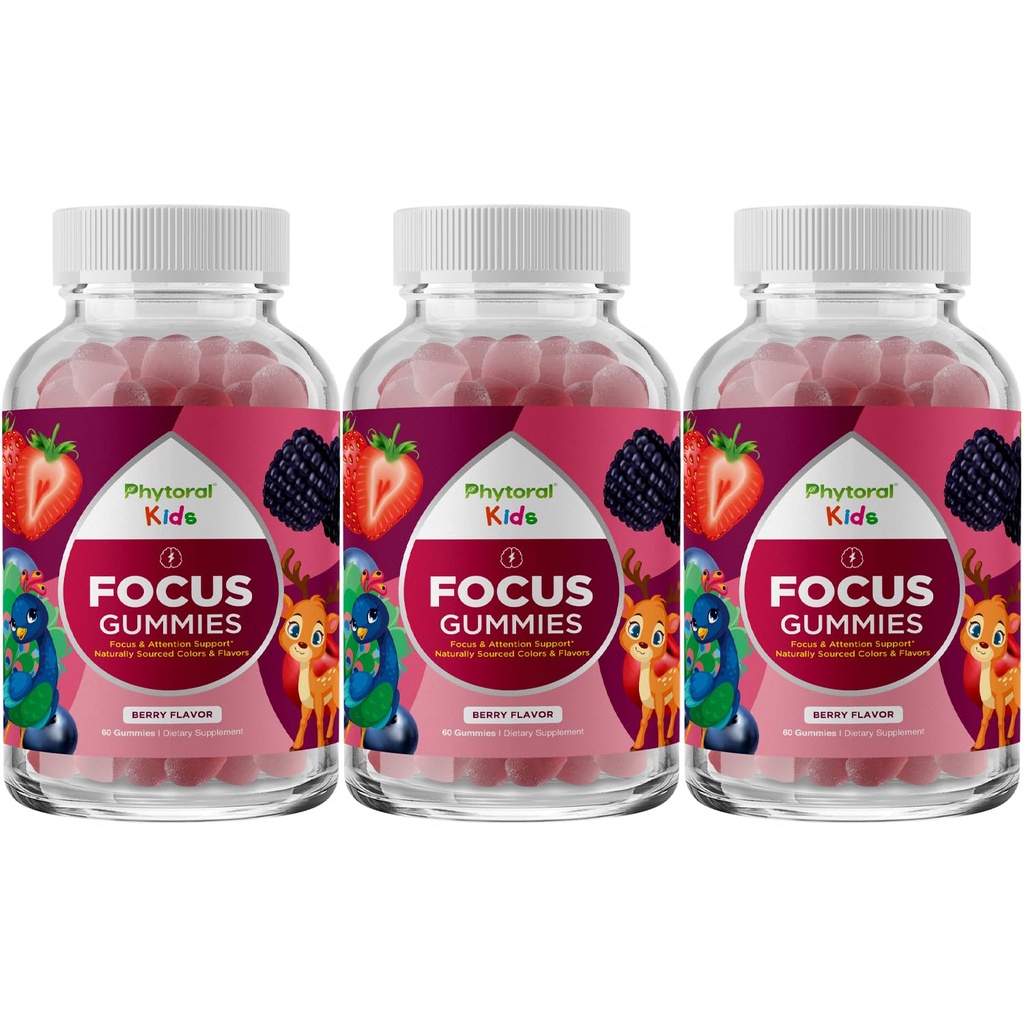Vegansk Kids Focus Gummies - Potent Chewable Brain Support for Children - Forbedrer Koncentration & Hukommelse - Opkalkning Kosttilskud & Focus Gummies for Kids - Non-GMO & Gluten- Free - 60 Greve - 3 Pack