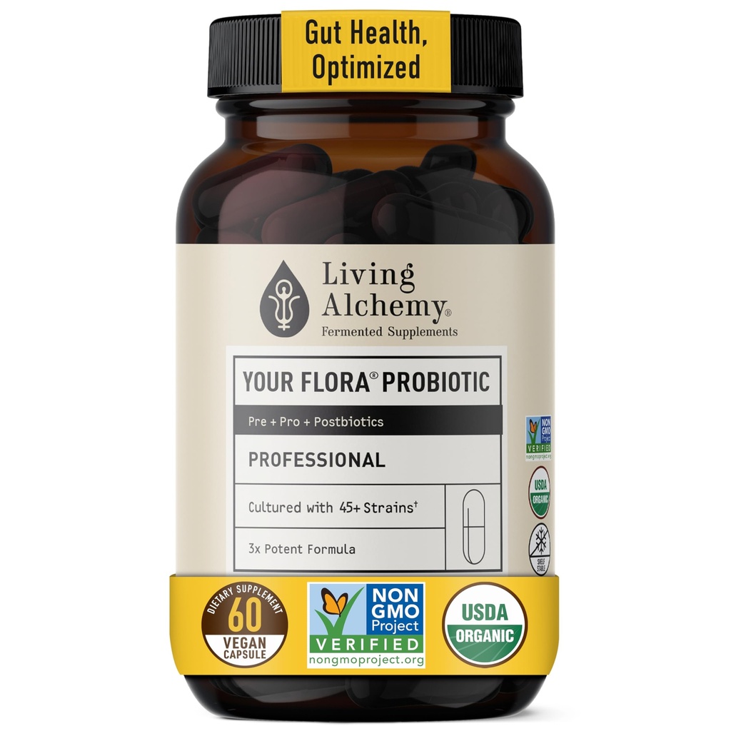 Living Alchemy Gut Health Kosttilskud til mænd og kvinder - din Flora Probiotic Professional fordøjelse tillæg med gæret Soybean, Prebiotika, fordøjelsesenzymer - Vegan, Non- GMO, 60 Pcs