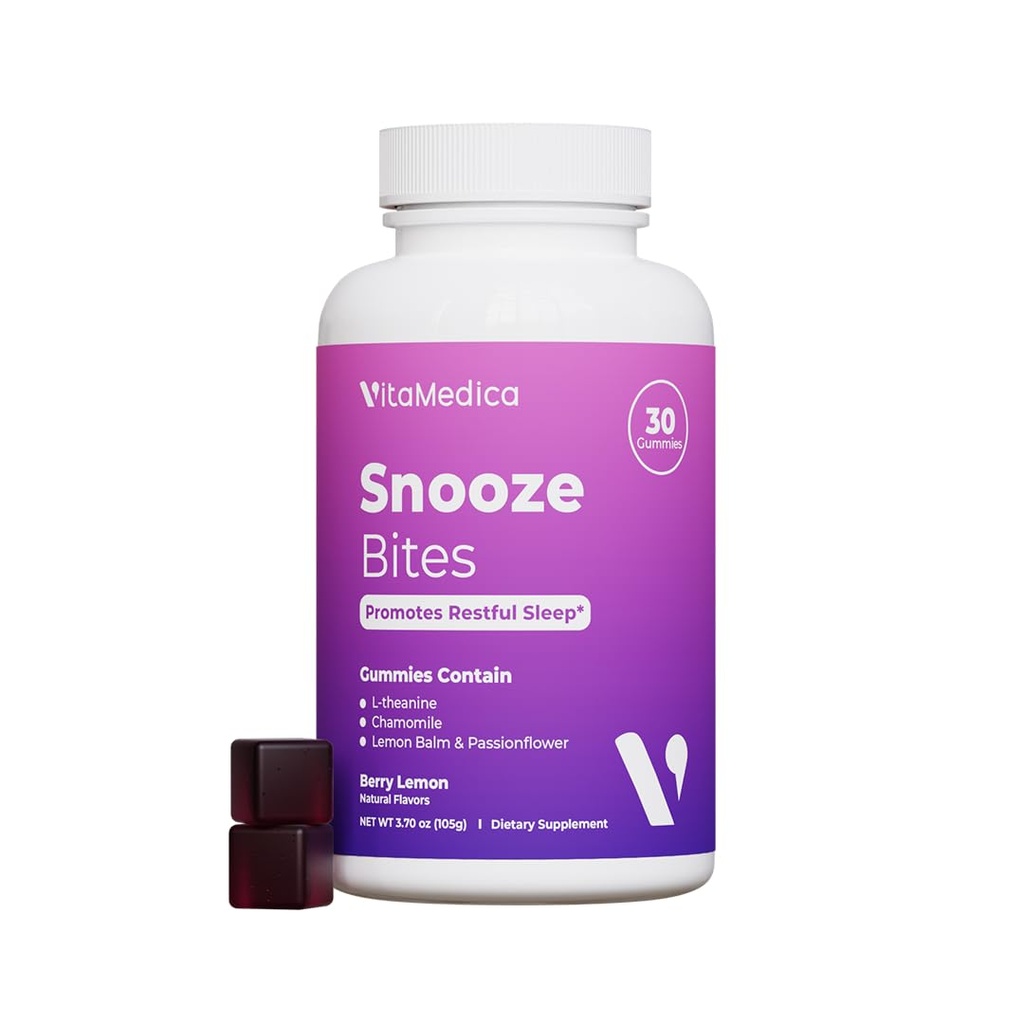 VitaMedica Snooze Sleep Gummies - Melaton- Free, Zero Grogginess - L- Theanine, Kamille, Passionflower & Lemon Balm - Søvnhjælp Gummies for voksne - 30 Greve