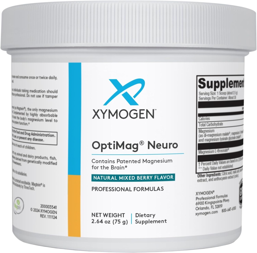 XYMOGEN OptiMag Neuro - Chelated Magnesium Powder - med Magnesium Glycinat & L- Threonate - Support Brain Health & Afslapning - Blandede bær (30 Servere)