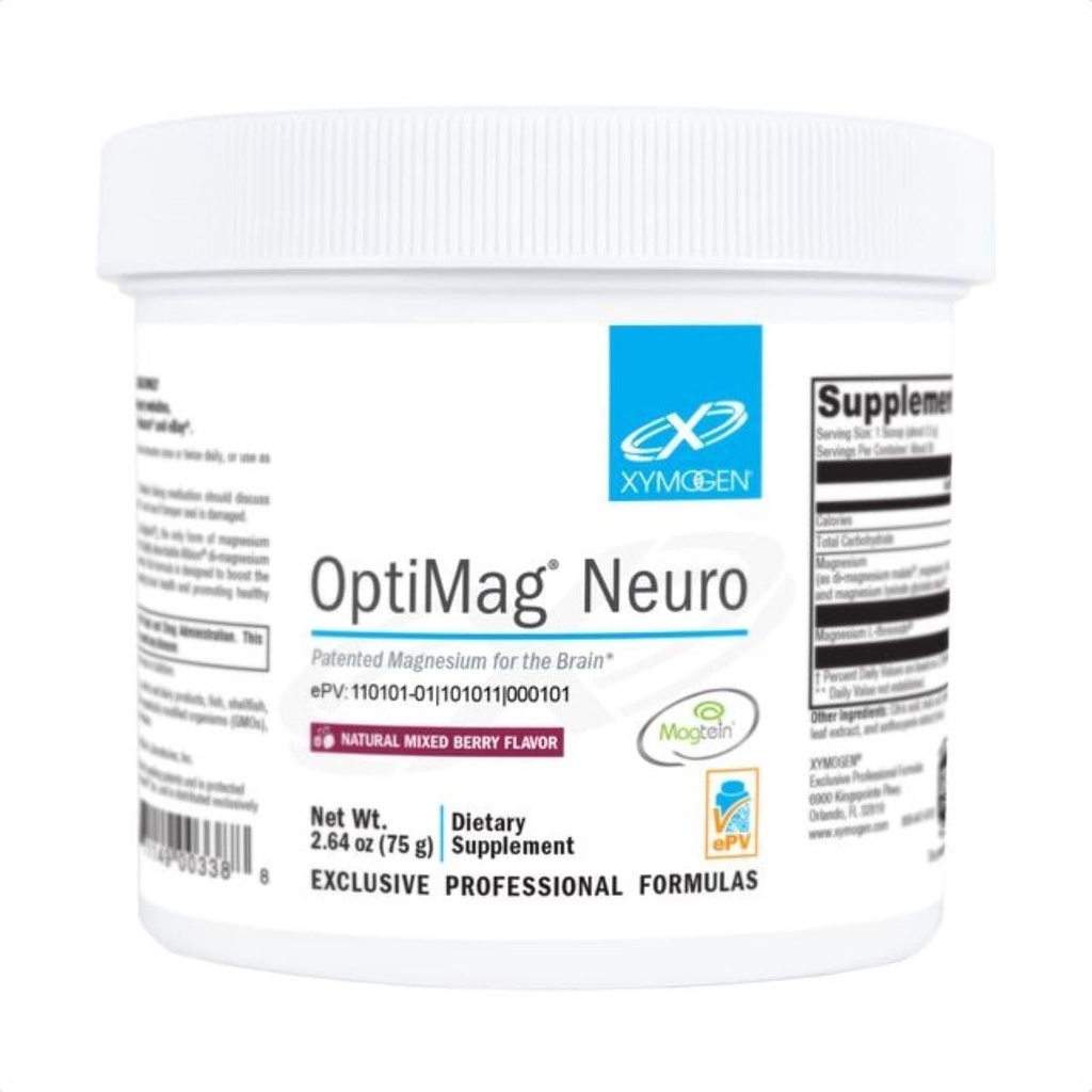 XYMOGEN OptiMag Neuro - Chelated Magnesium Powder - med Magnesium Glycinat & L- Threonate - Support Brain Health & Afslapning - Blandede bær (30 Servere)