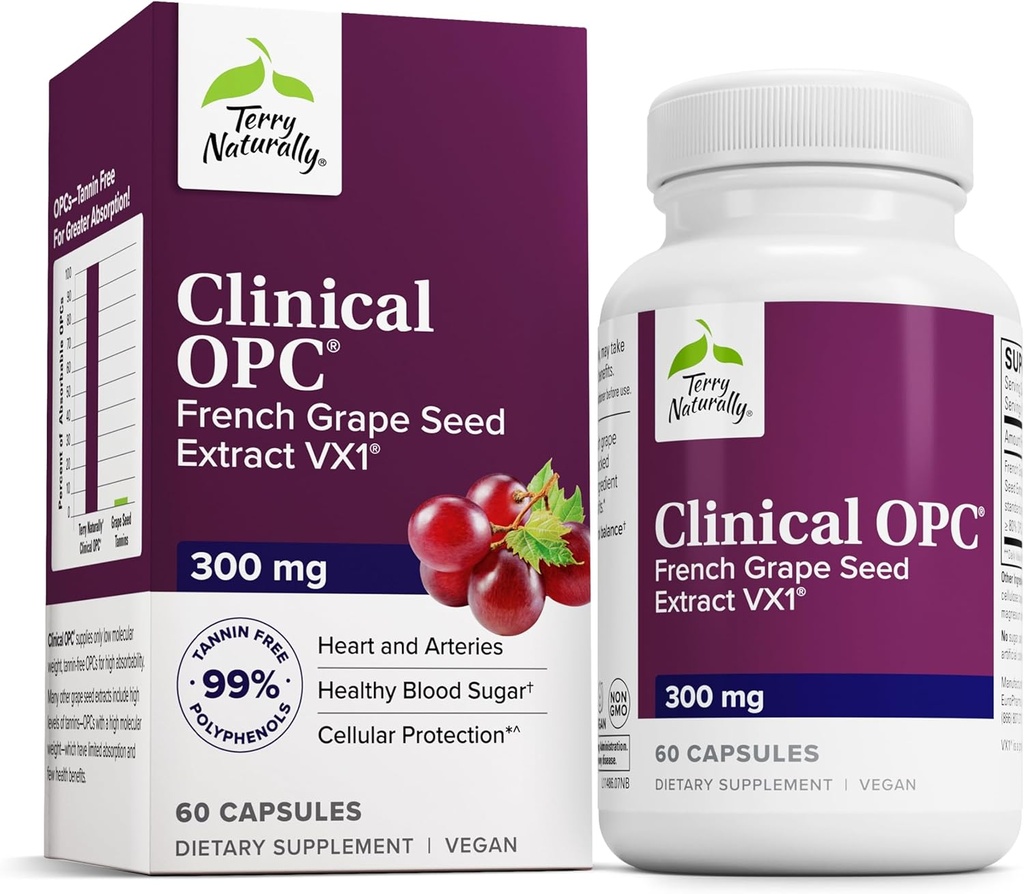Terry Naturally Clinical OPC - Cardiovascular Health & Focus Support Supplement - Dietary Supplement with Grape Seed Extract & Sunflower Lecithin - Immune Support Supplement - 300 mg, 60 Softgels