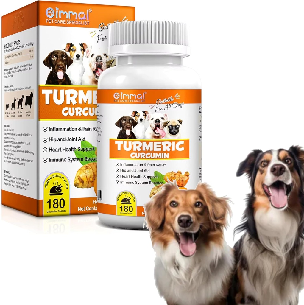 Turmeric for Dogs – 180 Count Tablet Treats with Curcumin & Piperine – Joint Health, Mobility, Allergy & Itch Relief, Skin & Coat, Hot Spots – Duck Flavor with Salmon Oil