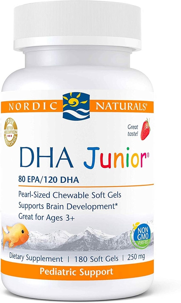 Nordic Naturals Pro DHA Junior, Strawberry - 180 Mini Chewable Soft Gels - 250 mg Total Omega- 3s med EPA & DHA - Brain Development & Visual Function - Non- GMO - 45 Serveringer