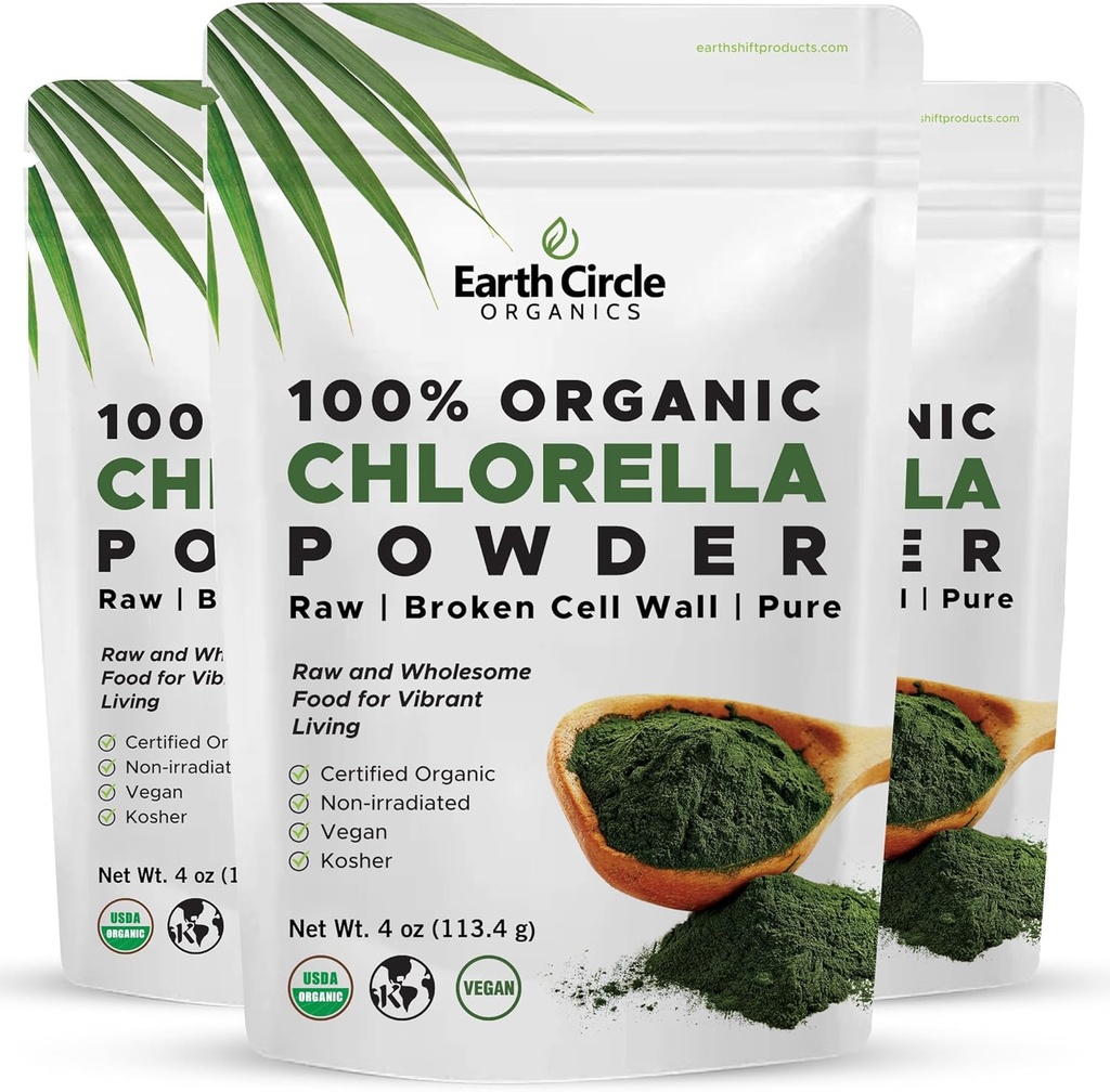 Earth Circle Organics Organic Chlorella Powder Superfood Mead124; Kosher Mead124; Broken Cell Wall Chlorophyll, Vegan, Super Green Algae, Clean Chlorella, High in Protein, Fiber & Amino Acids - 4oz (3 Pack)