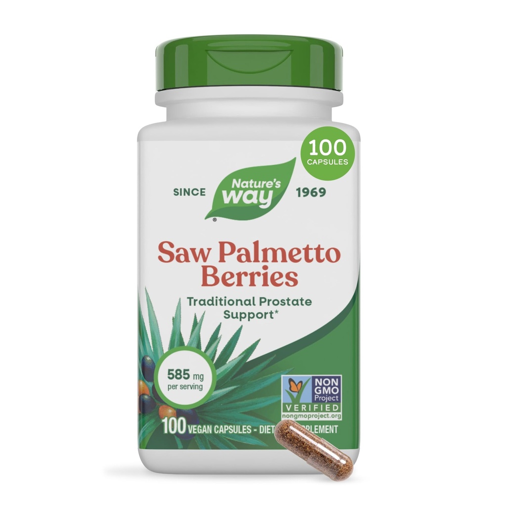 Nature 's Way Saw Palmetto Berries, Traditional Prostate Support *, 585 mg per servering, Non- GMO Project Verified, Vegan, 100 kapsler (Packaging May Vary)