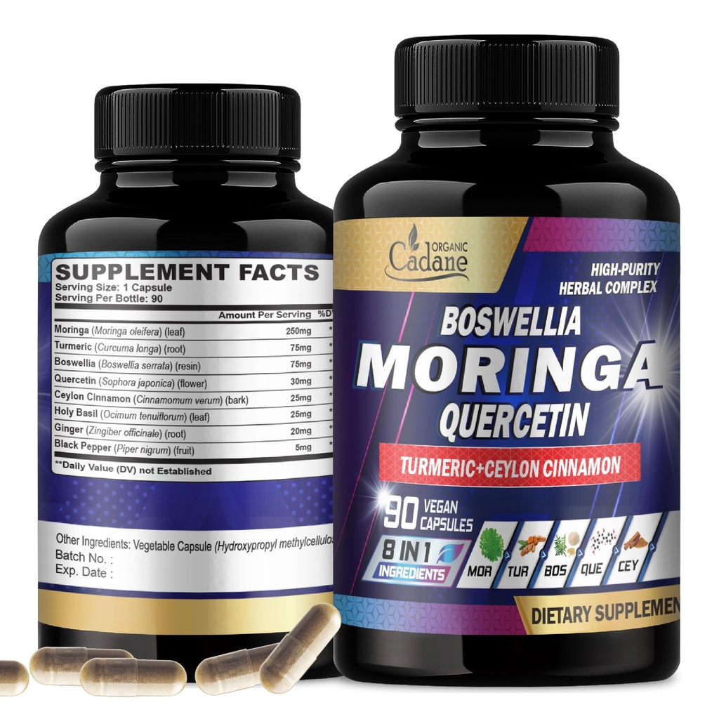 Organic Cadane Moringa Leaf med gurkemeje, Boswellia, Quercetin, Ceylon Cinnamon, Holy Basil, Ingefær og Black Pepper - 8in1 Kosttilskud - 90 Veggie Kapsler til 3th Supply