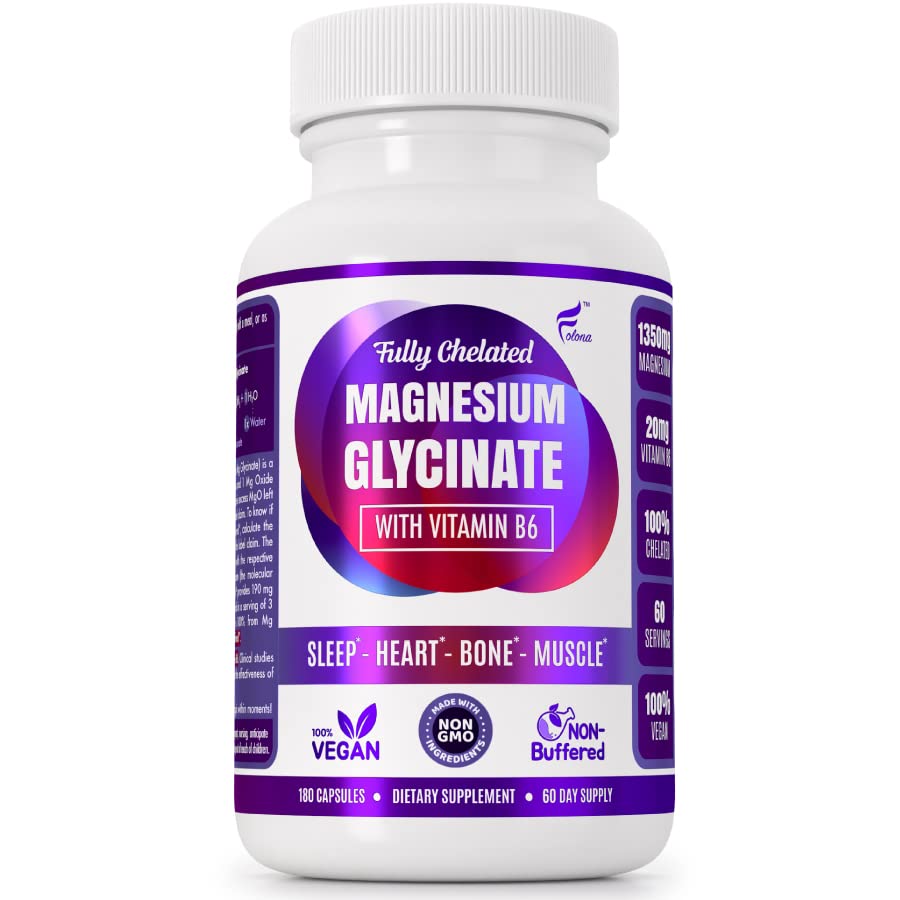 Magnesium Glycinat med B6-vitamin Forskning provet til at øge absorptionen, 1350mg Fuldt Chelated - Understøtter søvn, stress Relief, energi, muskelkramper - Gluten fri, NonGMO, 180 Vegankapsler