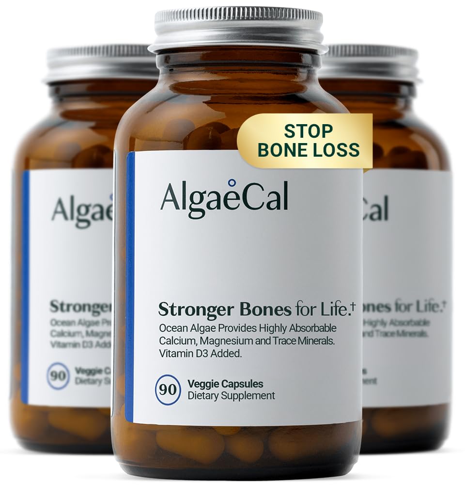 ALGAECAL - Plant Based Calcium Supplement med vitamin D3 (1000 IE) for ben styrke, Indeholder 13 mineral Supporting Bone Health, Organic Calcium (750 mg) for kvinder & mænd, 90 Caps, 3 Måned Supply