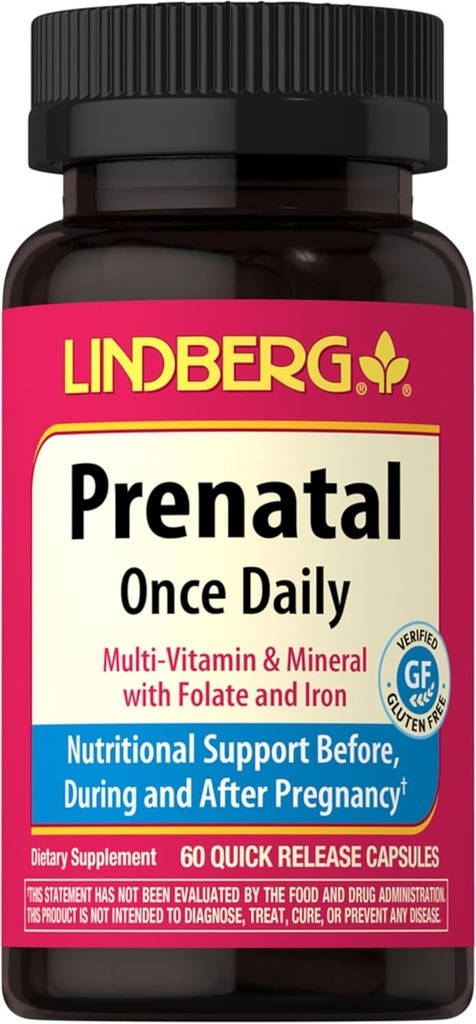 Lindberg Prenatal Vitamin til kvinder; 60 Kapsler; 124; Multivitaminer og mineraler med jern og folinsyre; 124; Dagligt tillæg; 124; Non- GMO, Gluten Free