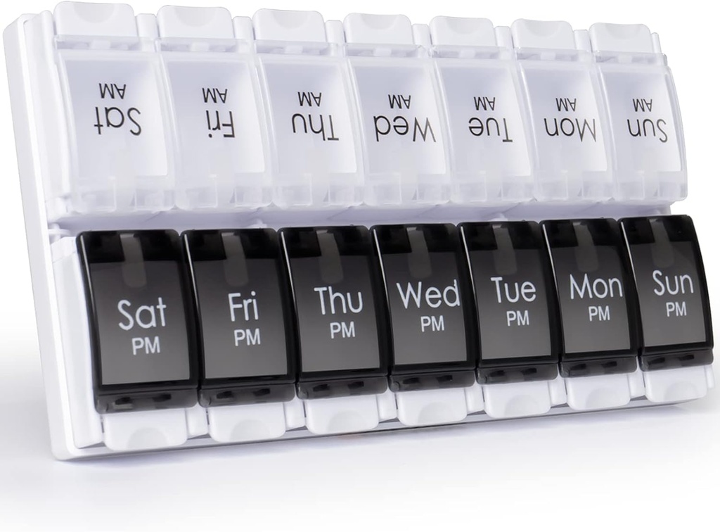 MERICARGO Am Pm Pill Organizer 7 Dag, 2 gange om dagen Stor Ugentlig Pill Box, Trykknap Daglig Pill sag for Vitamin, Fiskeolie, Kosttilskud