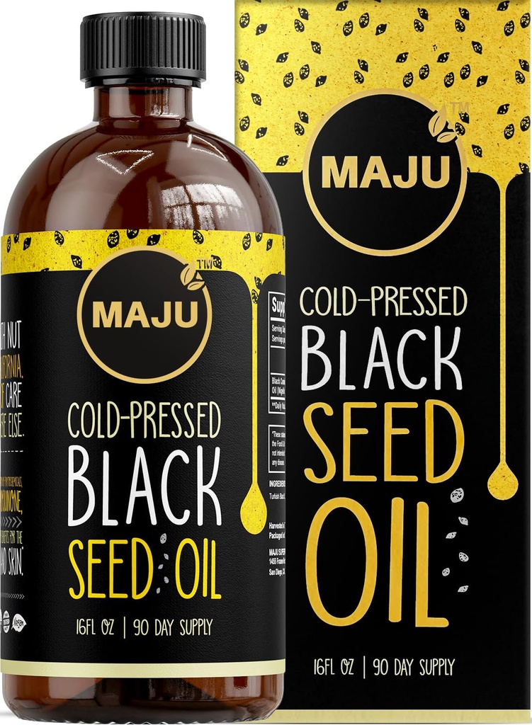 MAJU 's Black Seed Oil 16oz: 3X Thymoquinon, Cold Pressed, 100% Tyrkisk Black Cumin Nigella Sativa Seed Oil (bedre end økologisk), Non- GMO, 100% Flydende Pure Blackseed Oil, Glasflaske