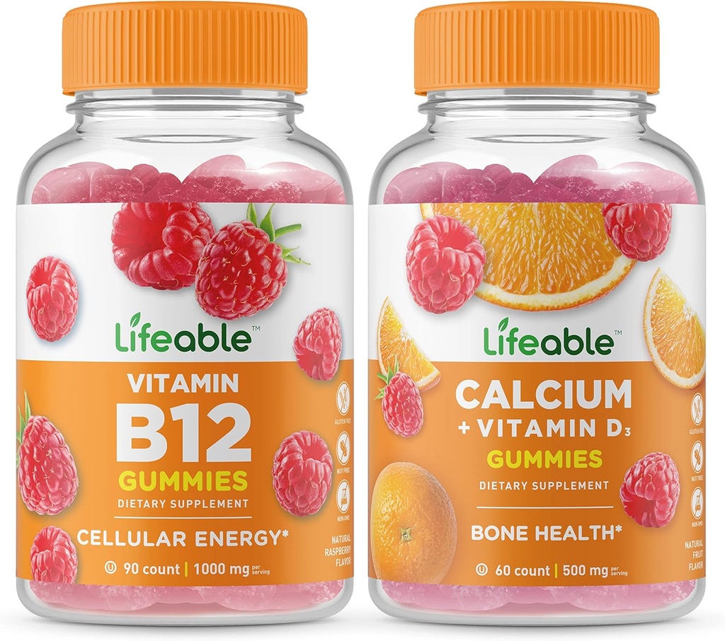 Lifeable Vitamin B12 + Calcium med D-vitamin, Gummies Bundle - Great Tasting, Vitamin Supplement, Gluten Free, GMO Free, Chewable