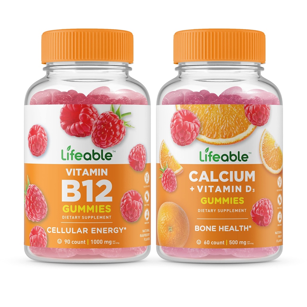 Lifeable Vitamin B12 + Calcium med D-vitamin, Gummies Bundle - Great Tasting, Vitamin Supplement, Gluten Free, GMO Free, Chewable