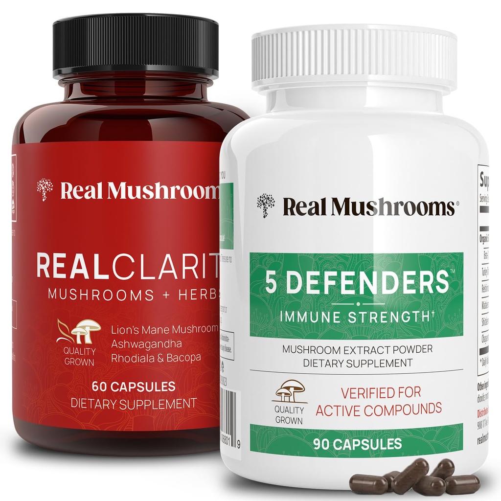 Real Mushrooms RealClarity (60ct) og 5 Defenders (90ct) Capsules Bundle - Mushroom Supplement for Mental Clarity, Focus & ImmunStrength - Vegan, Non- GMO, Verificerede niveauer af Beta- Glucans