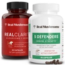 Real Mushrooms RealClarity (60ct) og 5 Defenders (90ct) Capsules Bundle - Mushroom Supplement for Mental Clarity, Focus & ImmunStrength - Vegan, Non- GMO, Verificerede niveauer af Beta- Glucans