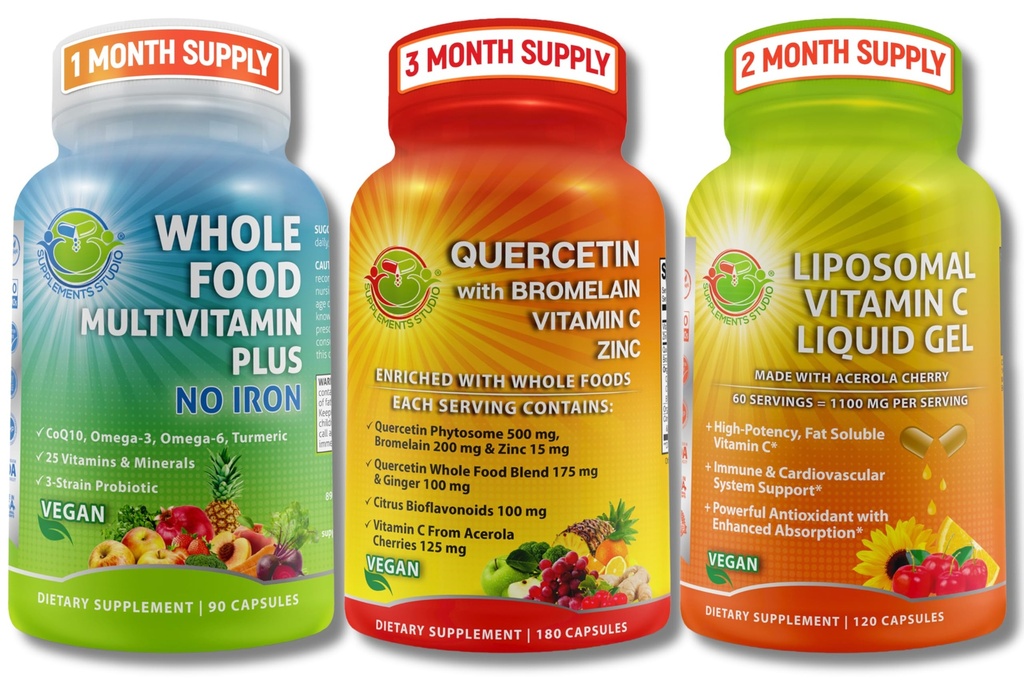 Immunsystemet Support Bundle - Quercetin med Bromelain + Liposomal Vitamin C 1100mg Flydende Gel + hel mad Multivitamin uden jern - Daglig antioxidant, Luftveje og immunforsvar