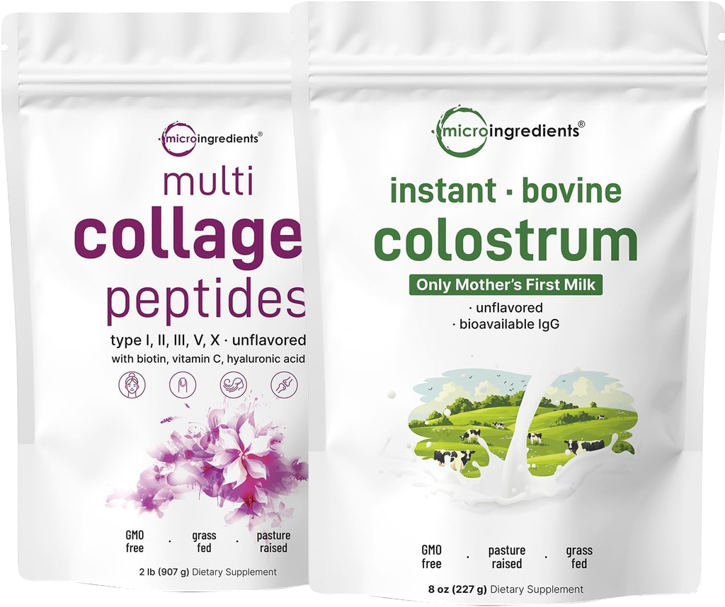 Micro Ingredients Multi Collagen Protein Powder 2 Pounds & Instant Colostrum Powder Bundle 2 Pack | Grass-Fed Collagen Peptides | Premium Bovine Mother’s First Milk