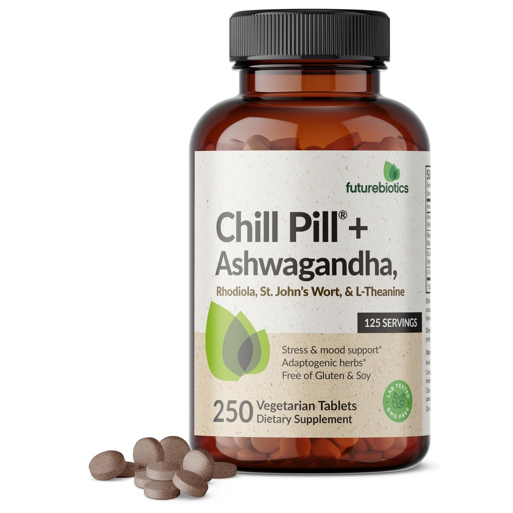 Fremurebiotika Chill Pill + Ashwagandha, Rhodiola, St. John 's Wort, & L- Theanine - non-GMO, 250 vegetariske tabletter