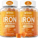 Jern Gummies + gurkemeje 600 mg for kvinder Mænd, Jern tillæg med Multivitaminer C, A, B- kompleks, Folate, Zink til jernmangel, Anæmi og energi, Gentle, Non- Constipating, Chewable, Vegan, 2 Pack