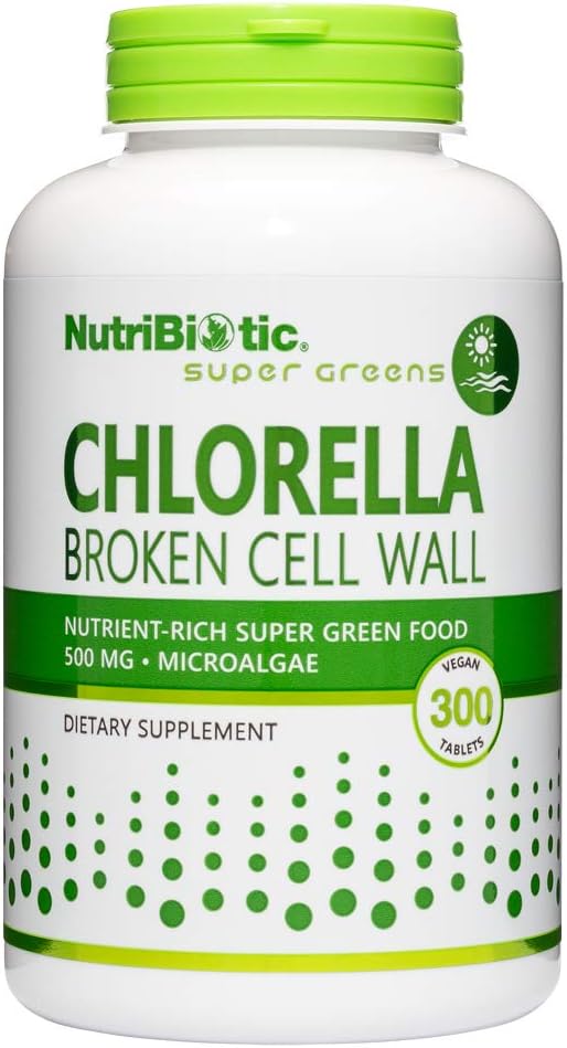 Nutribiotika - Chlorella Super Green Food 500 mg 300 Tabs Name 124; Brækket Cell Wall Nutrient- Rich Mikroalger, Vand dyrkede Superfood Name 124; Chlorophyll med Vitamin, Minerals & Trace Elements