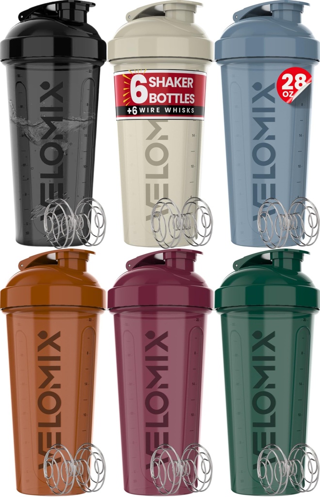 VELOMIX - 6 pakker- 28 oz Protein Shaker Flaske for Protein Mixes - 6x Wire Whisk - 124; læk Proof Shaker Cups for Protein Shakes - 124; Protein Shaker Flaske Pack - 124; Protein Shake Cup (Earth Tones Collection)