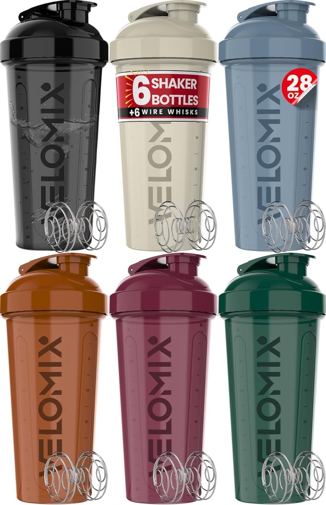 VELOMIX - 6 pakker- 28 oz Protein Shaker Flaske for Protein Mixes - 6x Wire Whisk - 124; læk Proof Shaker Cups for Protein Shakes - 124; Protein Shaker Flaske Pack - 124; Protein Shake Cup (Earth Tones Collection)