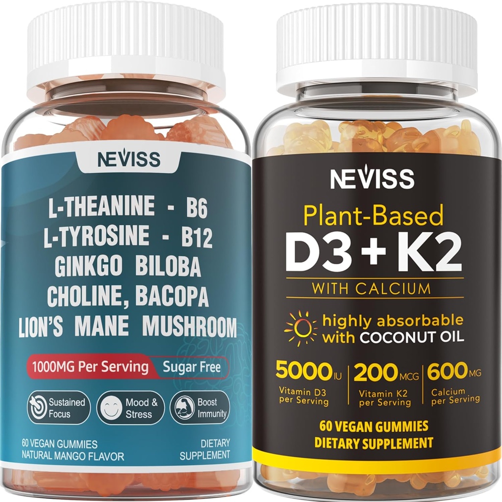 NEVISS Sugar Free L- Tyrosine L- Theanine Gumies 120 Counts + Sugar Free D3 5000IE K2 Gumies 120 Counts