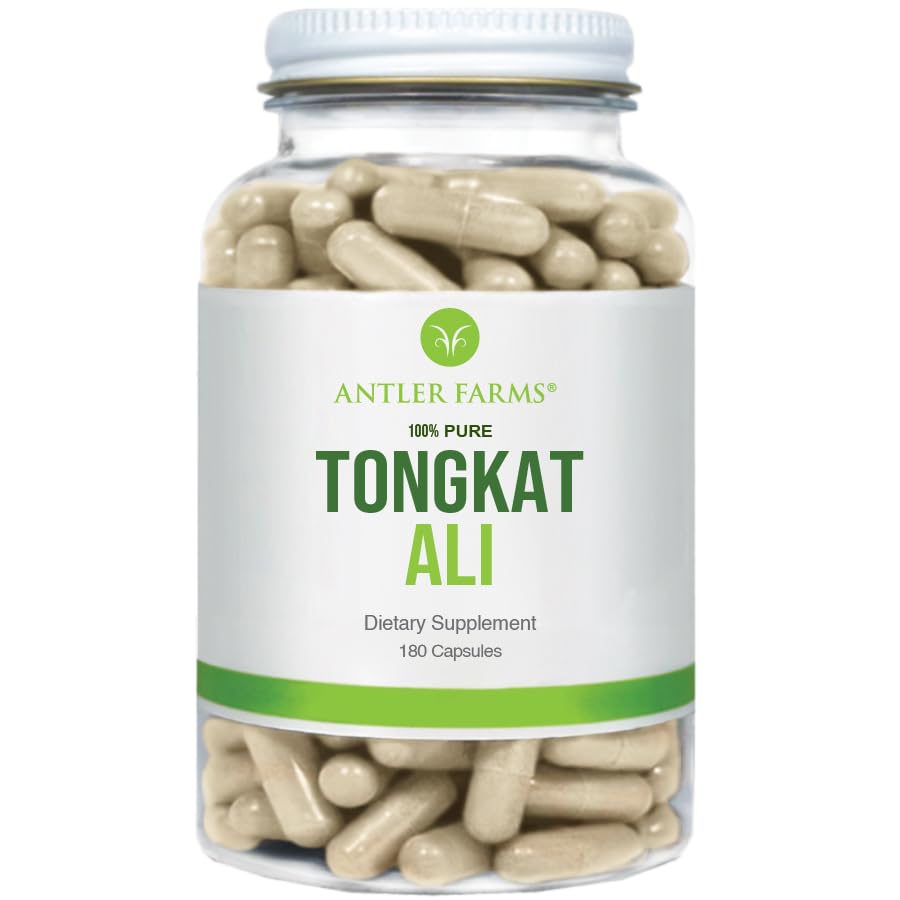 Antler Farms - 100% Pure Tongkat Ali Extract 200: 1, 180 Kapsler, 500mg - Eurycoma Longifolia Slow Grown Aged Roots fra Indonesien - Mænd sundhedsstøtte, Vegan, Gluten, Soy og Dairy Free