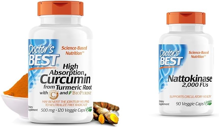 Doctor 's Best DRB- 00107 Høj Absorption Curcumin fra gurkemeje rod med C3 Complex & BioPerine 500mg & Nattokinase - 2, 000 FU Enzyme, understøtter hjerte sundhed & kredsløb og normalt blod