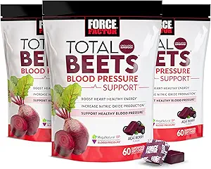 Force Factor Total Beets Blood Pressure Support Supplement with Beets Powder, Great-Tasting Chewables for Heart-Healthy Energy, and Increased Nitric Oxide, 180 Chews, 3-Pack