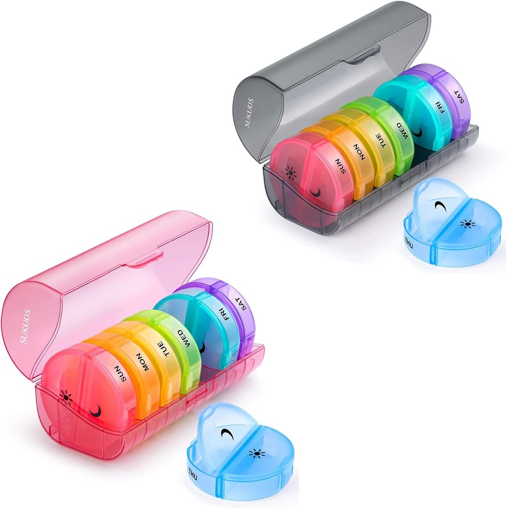 2 Pack Weekly Pill Organizer 7 Dag 2 gange om dagen, Sukuos store daglige piller sager for piller / Vitamin / Fish Oil / Kosttilskud, BPA Free Pill Box, Let at rengøre